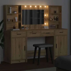 Kasten & Opbergmeubelen*vidaXL Make-up tafel set met LED 3 pcs Artisan Eiken Bewerkt hout artisanaal eikenkleurig