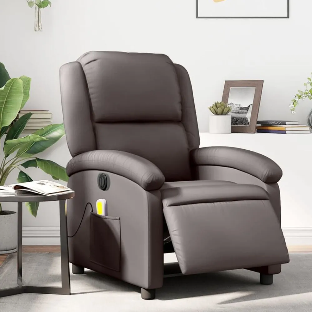 Stoelen*vidaXL Massagestoel elektrisch verstelbaar echt leer Donkerbruin