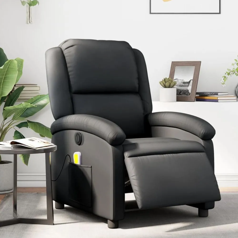 Stoelen*vidaXL Massagestoel verstelbaar elektrisch echt leer Zwart