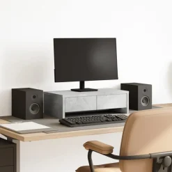 Elektronica*vidaXL Monitorstandaard met lades 50x27x15 cm bewerkt hout Betongrijs