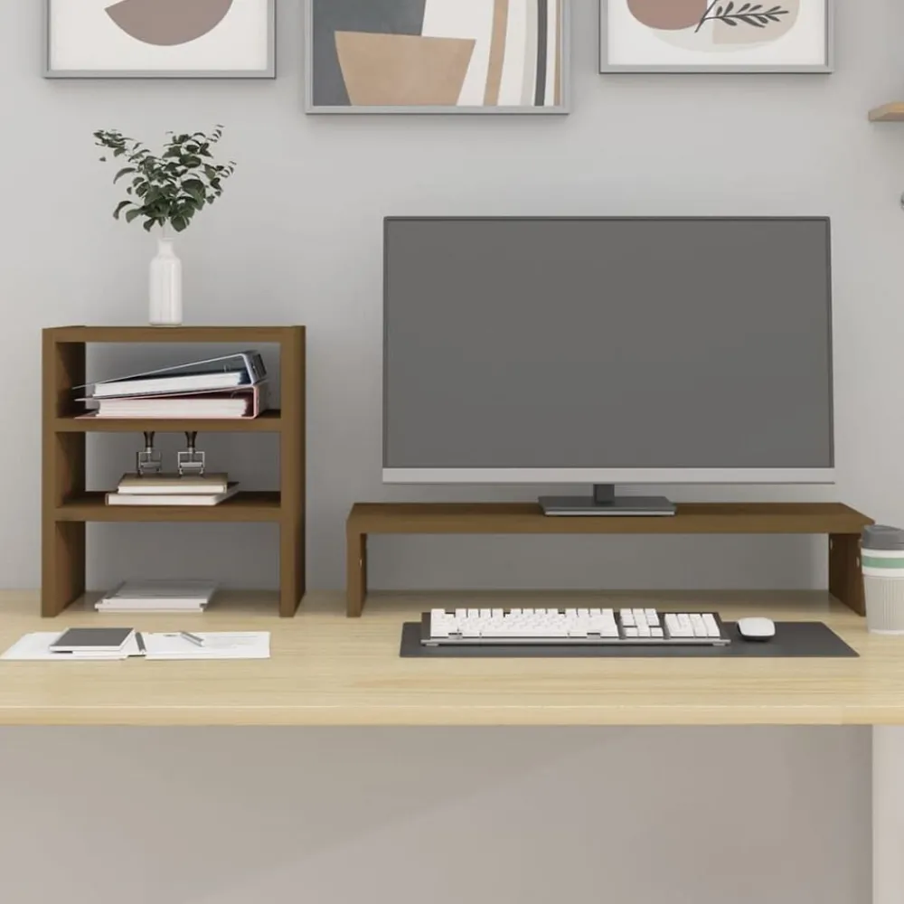 Elektronica*vidaXL Monitorstandaard 81x20x30 cm massief grenenhout Honingbruin