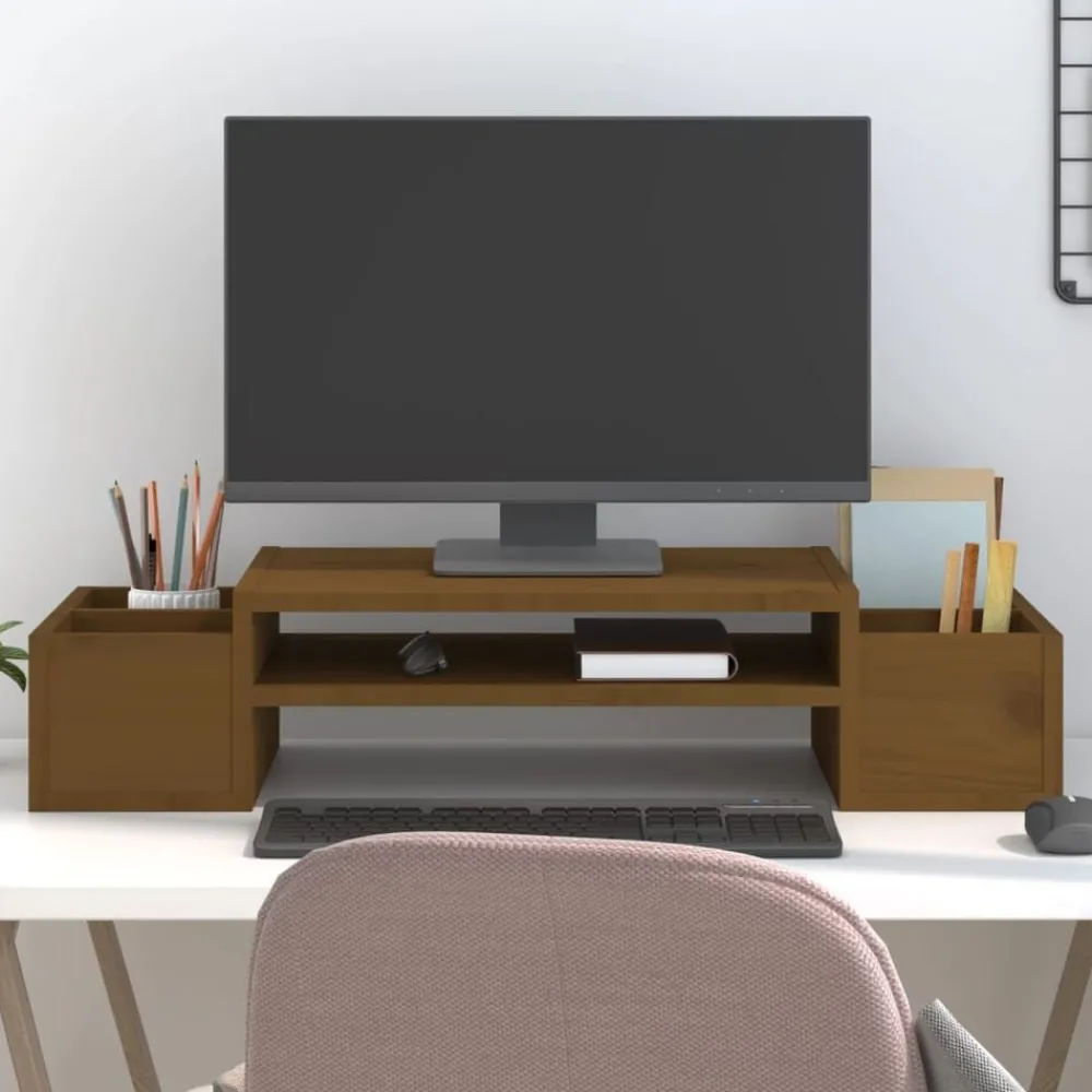 Elektronica*vidaXL Monitorstandaard 70x27,5x15 cm massief grenenhout Honingbruin