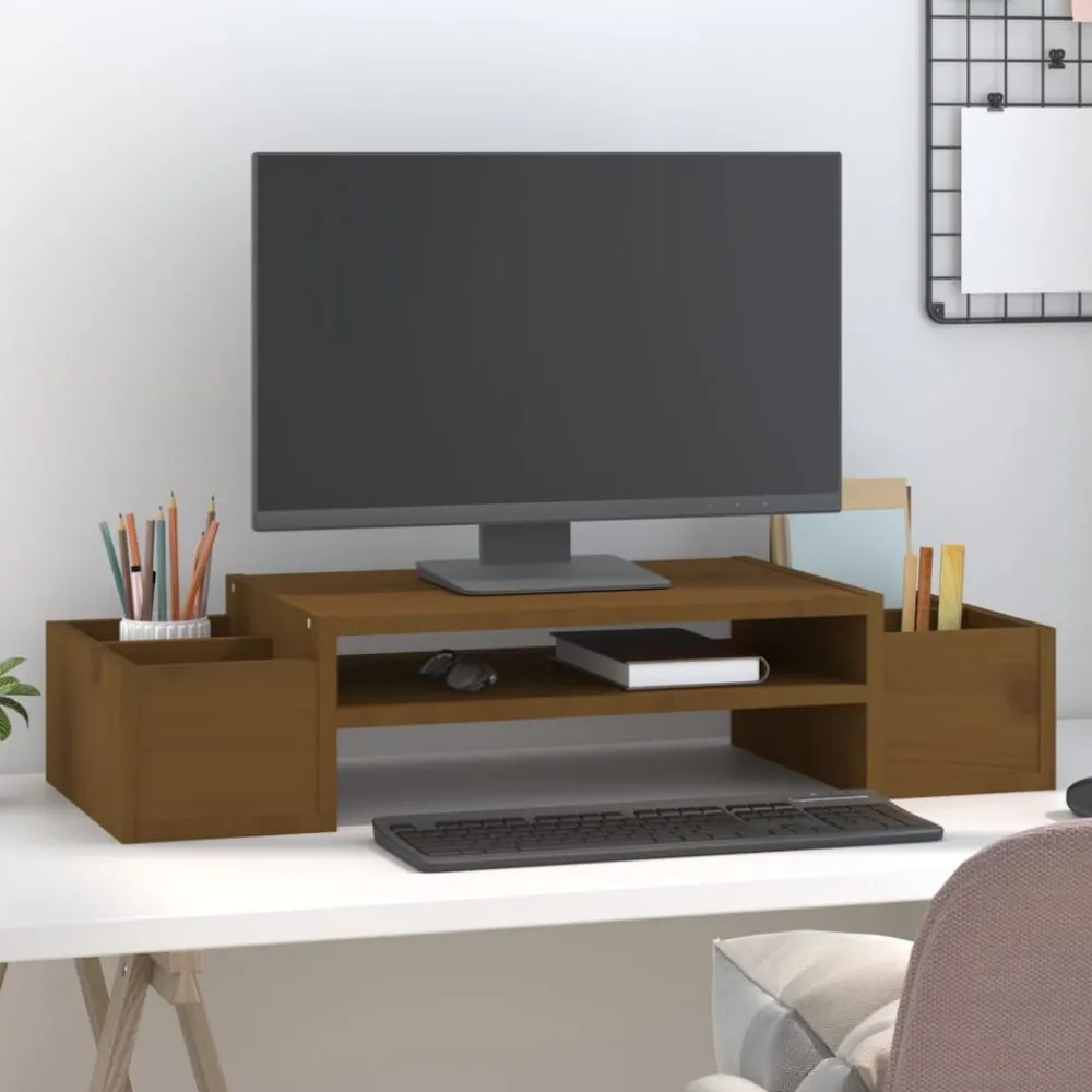 Elektronica*vidaXL Monitorstandaard 70x27,5x15 cm massief grenenhout Honingbruin