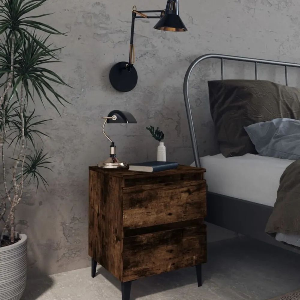 Tafels*vidaXL Nachtkastje met metalen poten 40x35x50 cm kleurig Gerookt eiken
