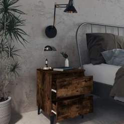 Tafels*vidaXL Nachtkastje met metalen poten 40x35x50 cm kleurig Gerookt eiken