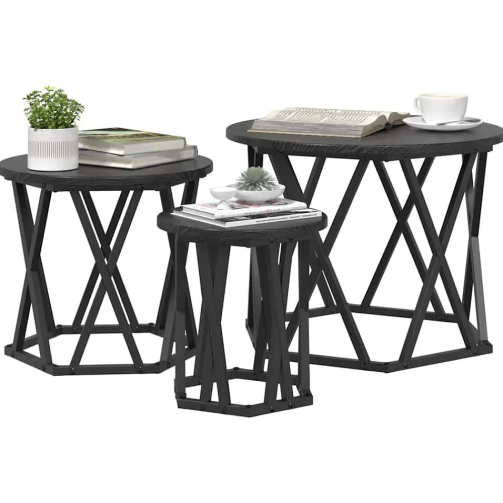 Nestbare Bijzettafel 3 pcs Engineered hout en staal>vidaXL New