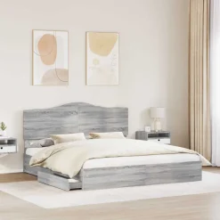 Bedden & Accessoires*vidaXL Opslag bed met lade 200 x 200 cm Bewerkt hout Grijs sonoma