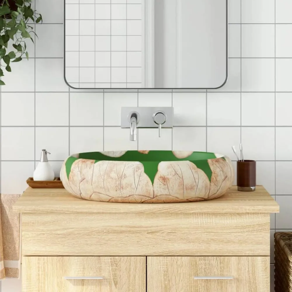 Sanitair & Loodgietersbenodigdheden*vidaXL Opzetwasbak ovaal 59x40x15 cm keramiek groen en bruin Bruin en groen