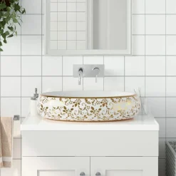 Sanitair & Loodgietersbenodigdheden*vidaXL Opzetwasbak ovaal 59x40x15 cm keramiek Wit en goud