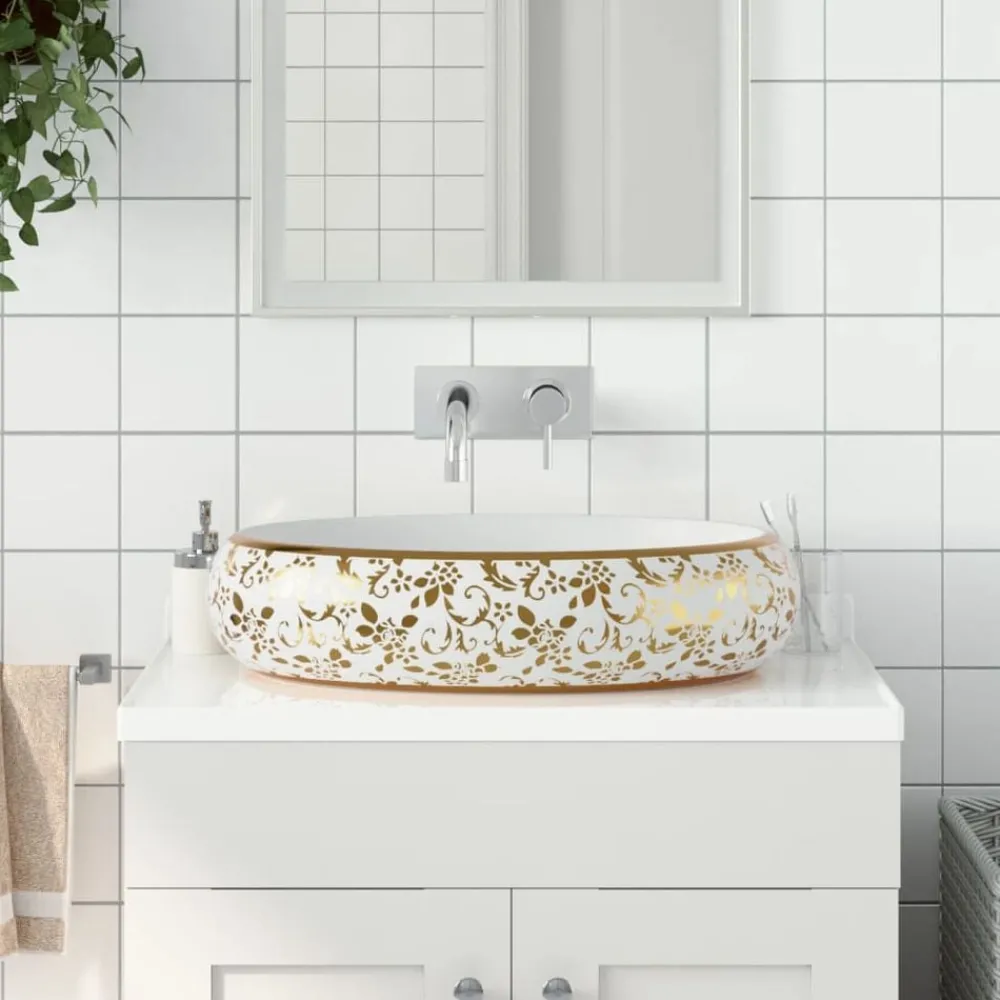 Sanitair & Loodgietersbenodigdheden*vidaXL Opzetwasbak ovaal 59x40x15 cm keramiek Wit en goud