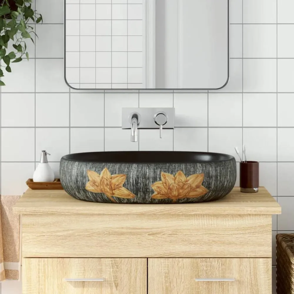 Sanitair & Loodgietersbenodigdheden*vidaXL Opzetwasbak ovaal 59x40x14 cm keramiek grijs en zwart Grijs en bruin