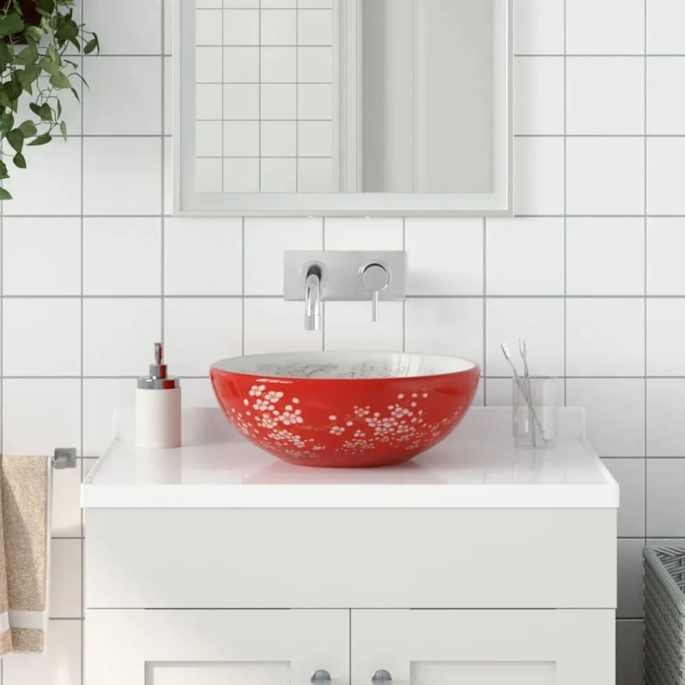 Sanitair & Loodgietersbenodigdheden*vidaXL Opzetwasbak rond Φ41x14 cm keramiek Wit en rood