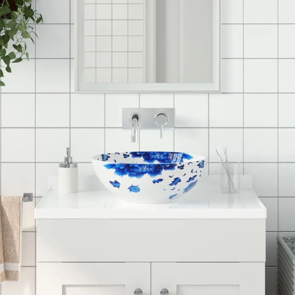 Sanitair & Loodgietersbenodigdheden*vidaXL Opzetwasbak rond Φ41x14 cm keramiek wit en blauw Blauw en wit