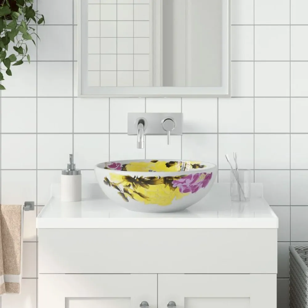 Sanitair & Loodgietersbenodigdheden*vidaXL Opzetwasbak rond Φ41x14 cm keramiek meerkleurig Geel en wit
