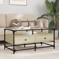 Salontafel met glazen blad 98,5x50x45 cm staal>vidaXL Clearance