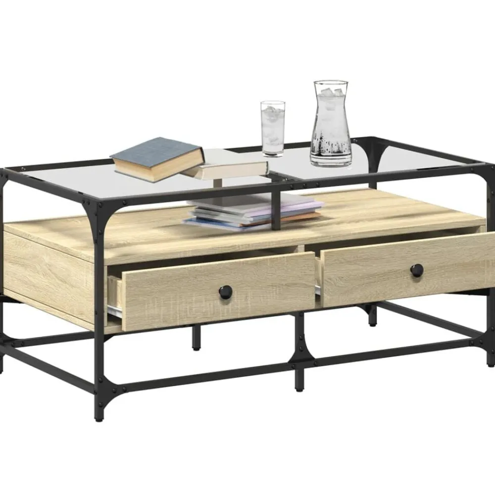 Salontafel met glazen blad 98,5x50x45 cm staal>vidaXL Clearance