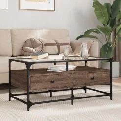Tafels*vidaXL Salontafel met glazen blad 98,5x50x45 cm sonoma eiken staal bruin eikenkleur