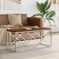 Tafels*vidaXL Salontafel roestvrij staal en massief hergebruikt hout Zilver