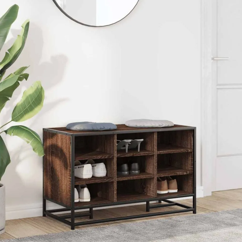 Schoenenbank 84x40x53,5 cm bewerkt hout en metaal bruin eiken>vidaXL Sale