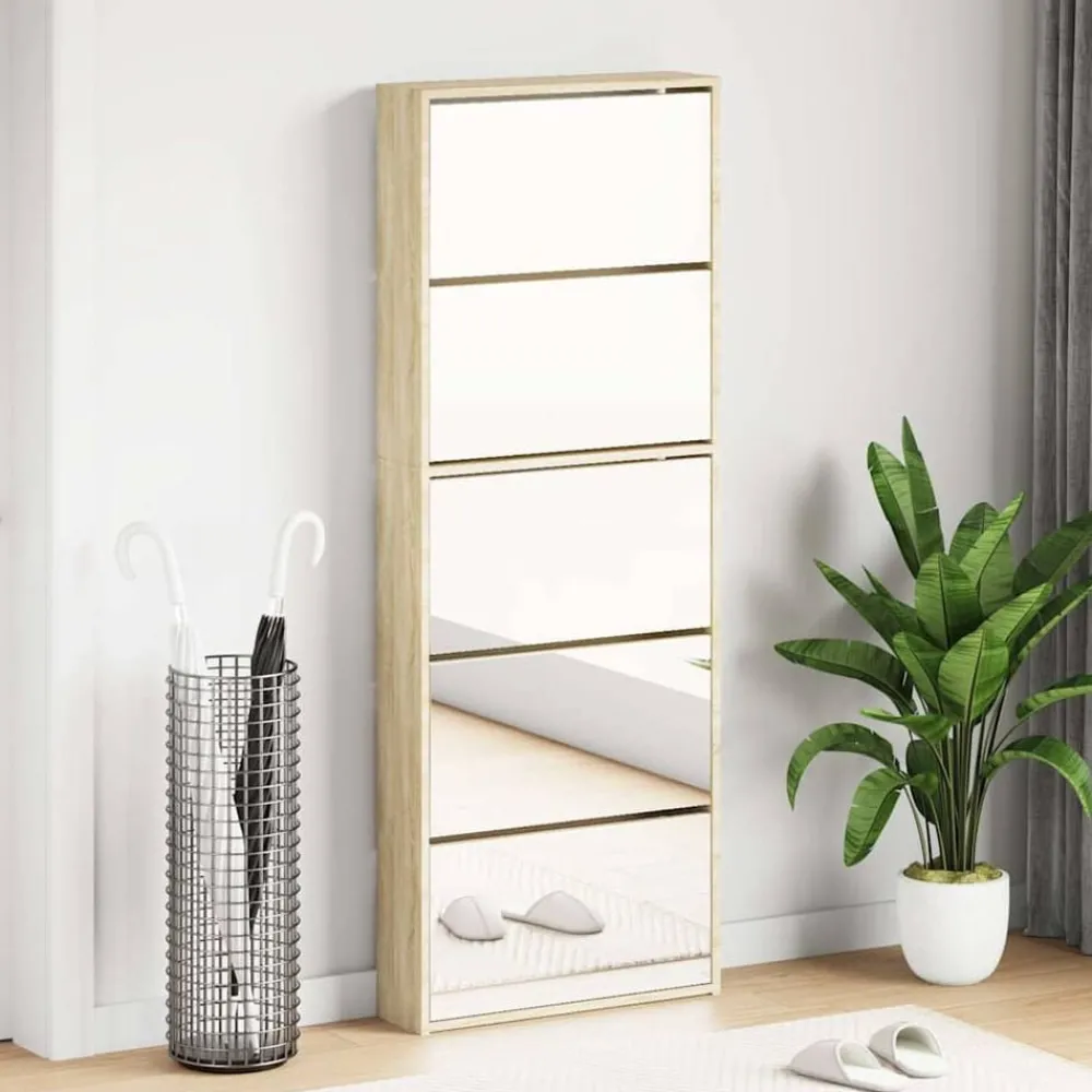Huishoudelijke Benodigdheden*vidaXL Schoenenkast met 5 spiegels 63x17x169,5 cm hout Eiken