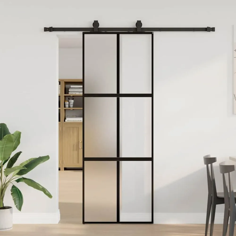 Bouwmaterialen*vidaXL Schuifdeur met beslagset 76x205 cm gehard glas zwart Zwart en mat