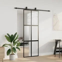 Schuifdeur met beslagset 76x205 cm gehard glas zwart><noscript><img width=