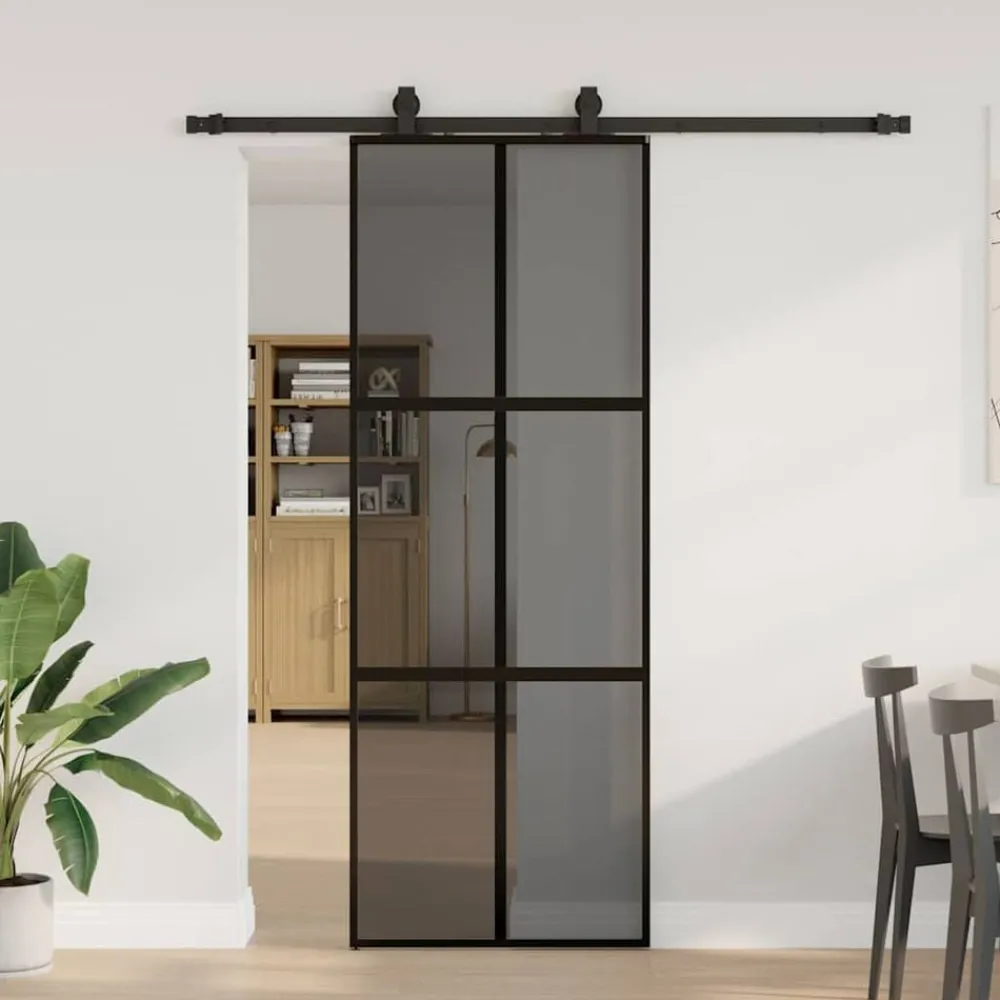 Bouwmaterialen*vidaXL Schuifdeur met beslagset 76x205 cm gehard glas zwart Zwart en donkertransparant