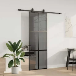 Bouwmaterialen*vidaXL Schuifdeur met beslagset 76x205 cm gehard glas zwart Zwart en donkertransparant