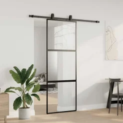 Schuifdeur met beslagset 76x205 cm gehard glas zwart><noscript><img width=