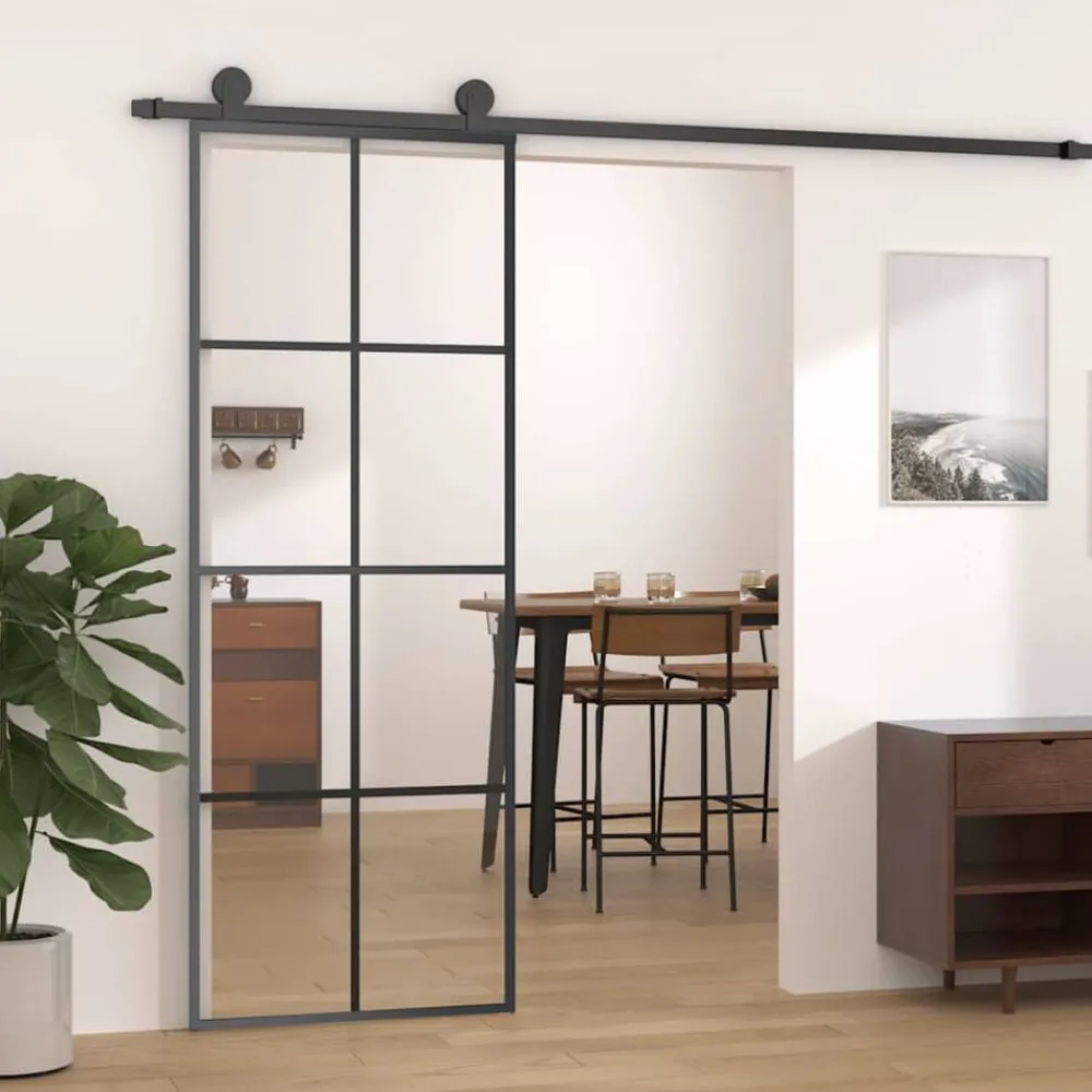 Bouwmaterialen*vidaXL Schuifdeur 76x205 cm ESG-glas en aluminium Zwart