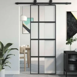 Bouwmaterialen*vidaXL Schuifdeur 76x205 cm gehard glas en aluminium Zwart
