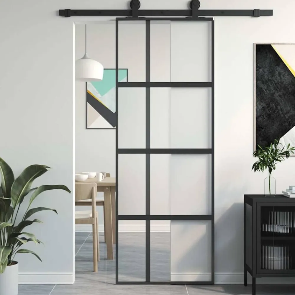 Bouwmaterialen*vidaXL Schuifdeur 76x205 cm gehard glas en aluminium Zwart