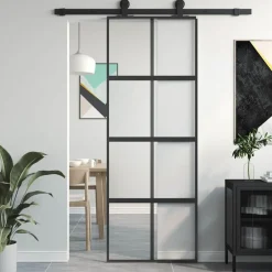 Bouwmaterialen*vidaXL Schuifdeur 76x205 cm gehard glas en aluminium Zwart