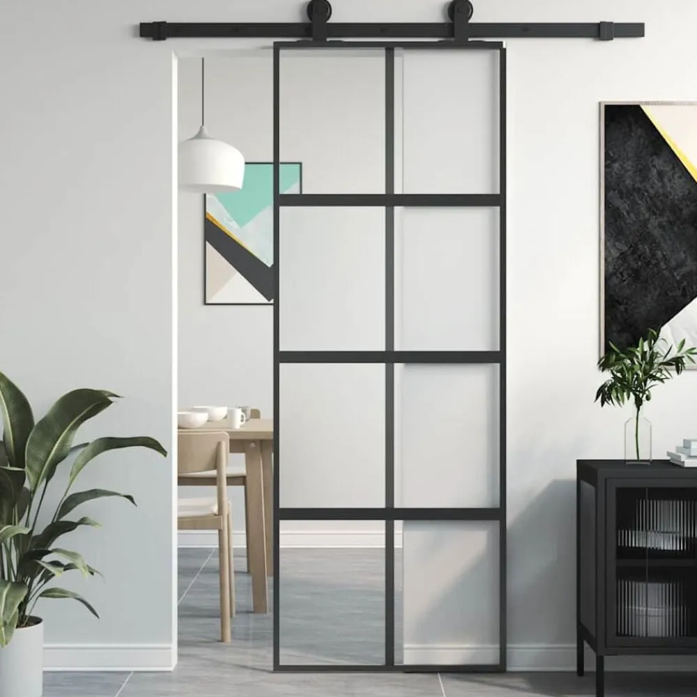 Bouwmaterialen*vidaXL Schuifdeur 76x205 cm gehard glas en aluminium Zwart