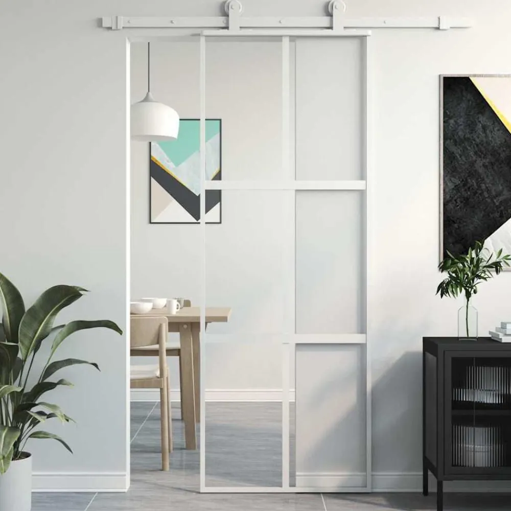 Bouwmaterialen*vidaXL Schuifdeur 76x205 cm gehard glas en aluminium wit Wit en transparant