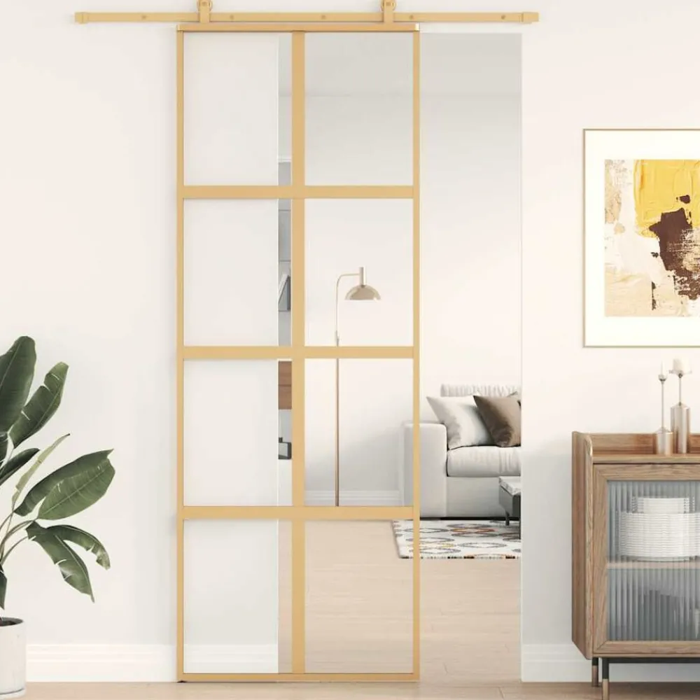 Bouwmaterialen*vidaXL Schuifdeur 76x205 cm helder ESG-glas en aluminium kleurig Goud