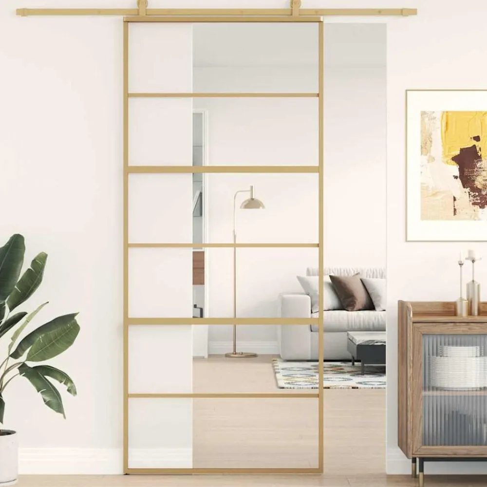 Bouwmaterialen*vidaXL Schuifdeur 90x205 cm helder ESG-glas en aluminium kleurig Goud