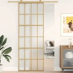 Bouwmaterialen*vidaXL Schuifdeur 76x205 cm mat ESG-glas en aluminium goudkleurig Goudkleurig en mat