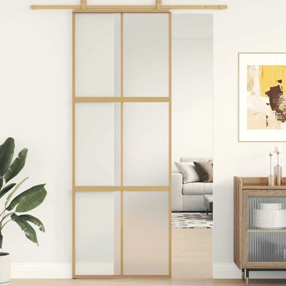Schuifdeur 76x205 cm mat ESG-glas en aluminium goudkleurig>vidaXL Outlet