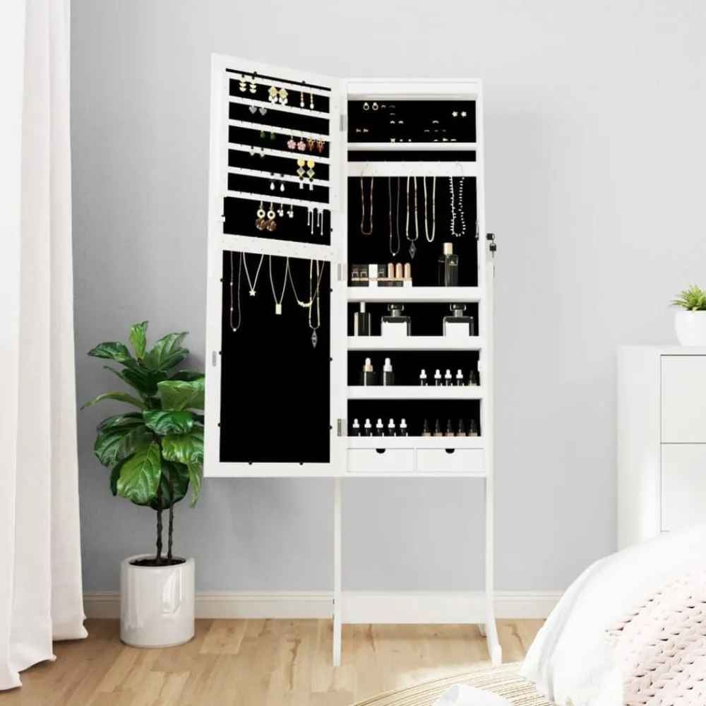 Woon- & Tuinaccessoires*vidaXL Sieradenkast met spiegel met LED-verlichting vrijstaand Wit