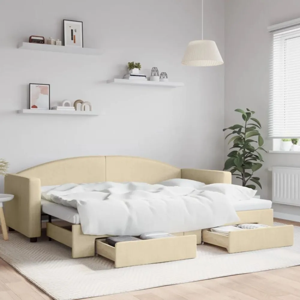 Slaapbank met onderschuifbed en lades 80x200 cm stof crèmekleur>vidaXL Outlet
