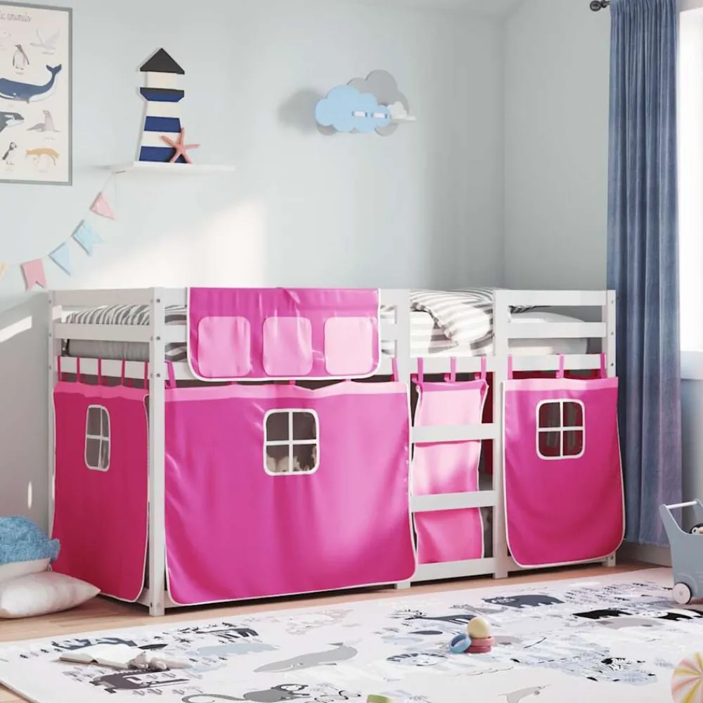 Bedden & Accessoires*vidaXL Stapelbed met gordijnen 90x200 cm grenenhout roze Wit en roze