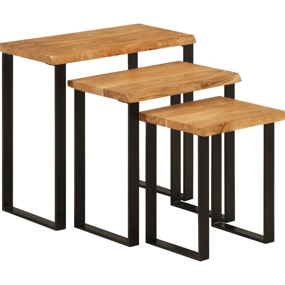 Tafels*vidaXL Tafeltjesset 3 st met natuurlijke rand massief acaciahout Bruin en zwart