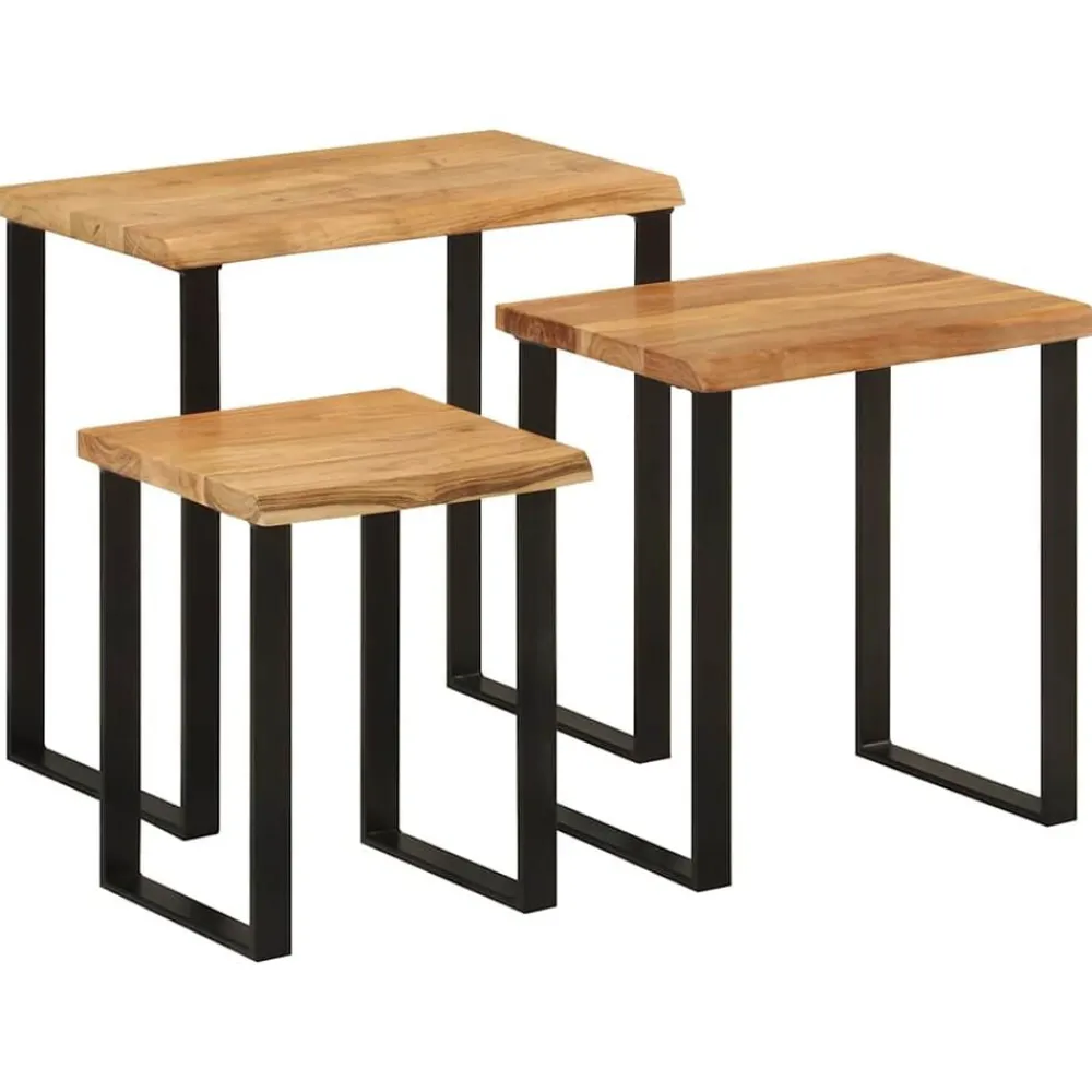 Tafels*vidaXL Tafeltjesset 3 st met natuurlijke rand massief acaciahout Bruin en zwart