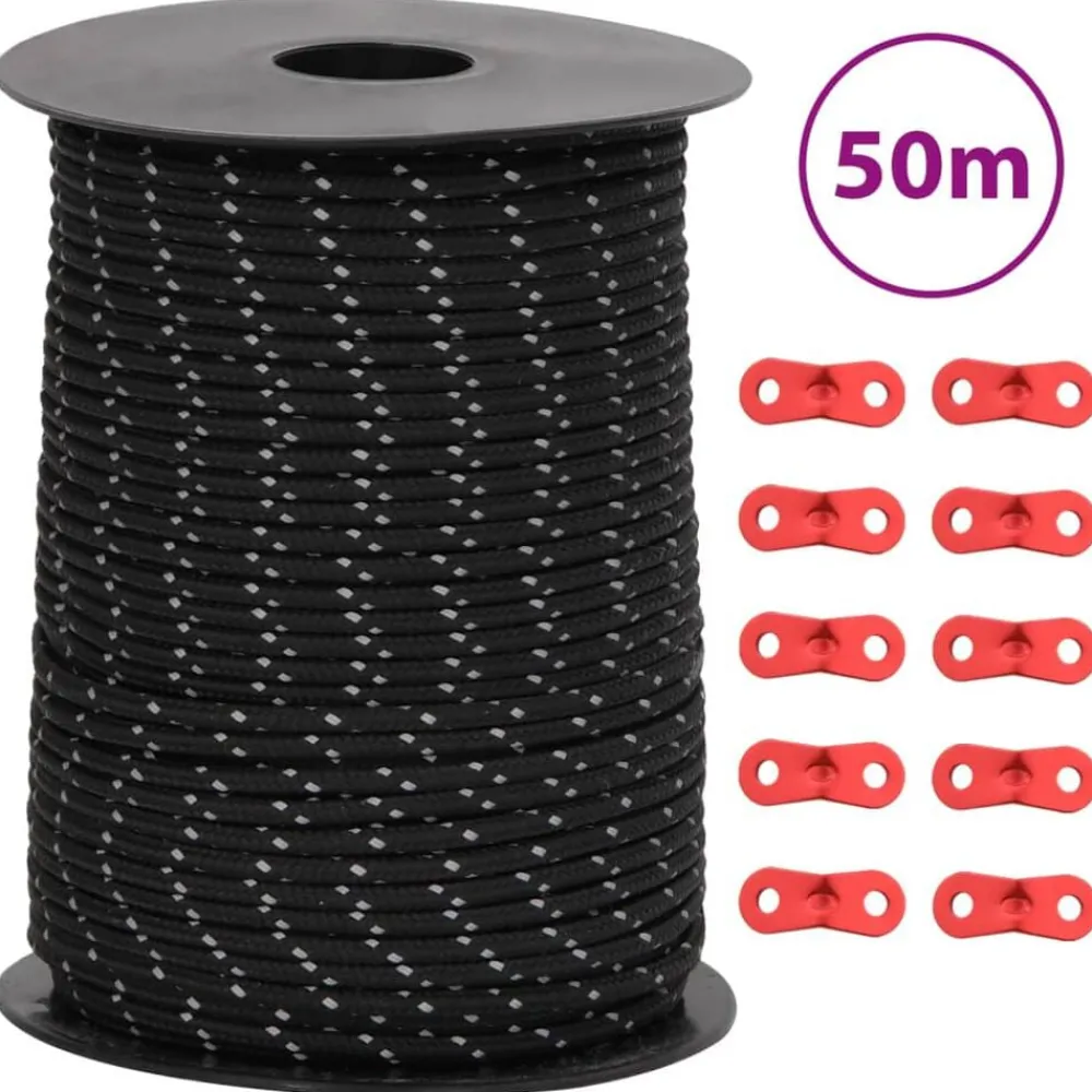 Buitensport*vidaXL Tentscheerlijn met reflecterende strips en spanners 50 m 3 mm Zwart