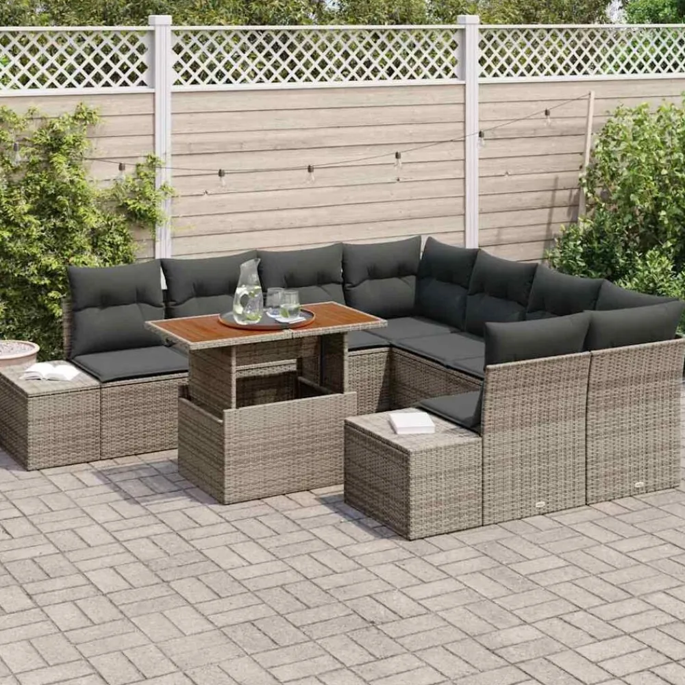 Tuinmeubelen*vidaXL Tuin Eetset met kussen 9 pcs en Bruin Grijs