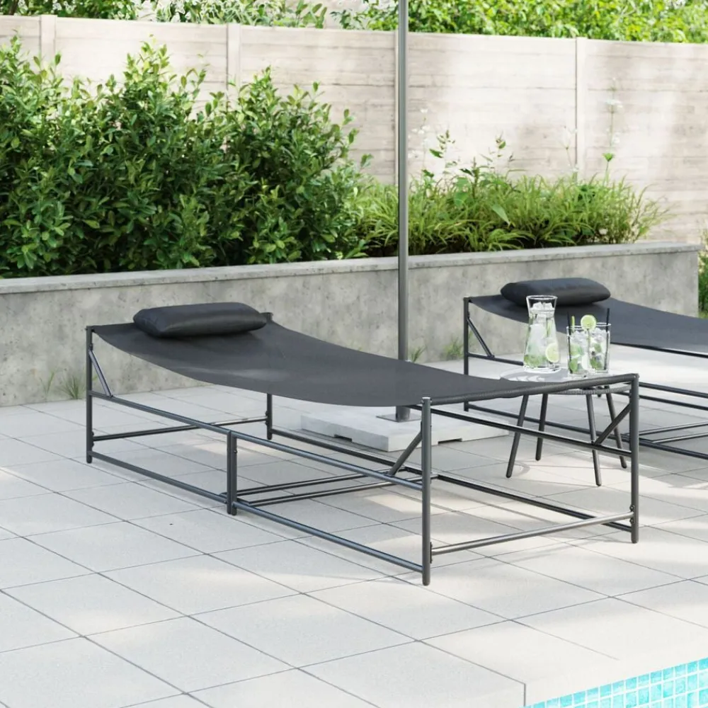 Tuin Zonnebed met kussen 2 pcs Zwart Gepoedercoat staal>vidaXL New