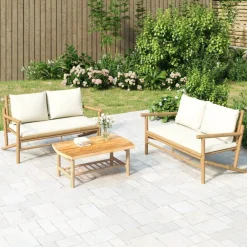 Tuinbank met crèmewitte kussens bamboe>vidaXL Online