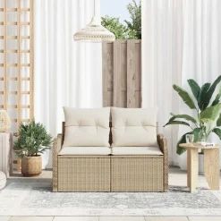 Tuinbank met kussen Beige 121 x 62 x 69cm poly rattan><noscript><img width=