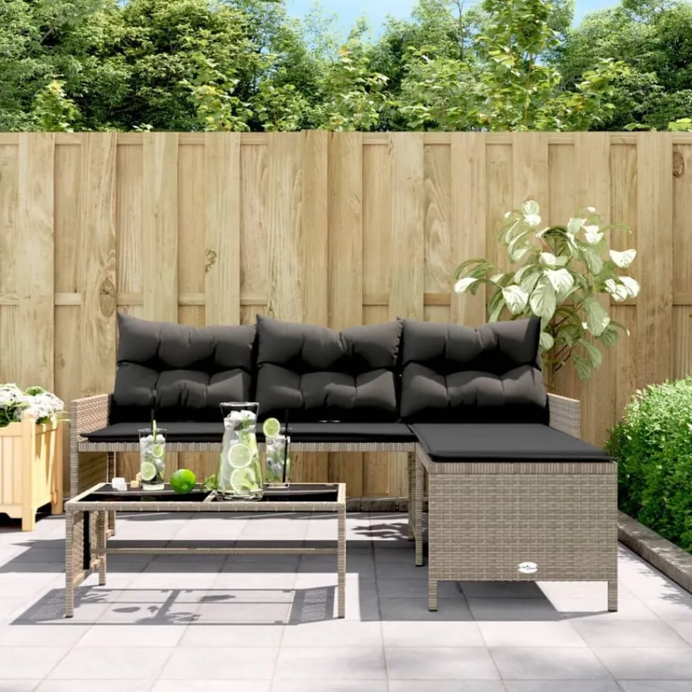 Tuinmeubelen*vidaXL Tuinbank met tafel en kussens L-vormig poly rattan Grijs